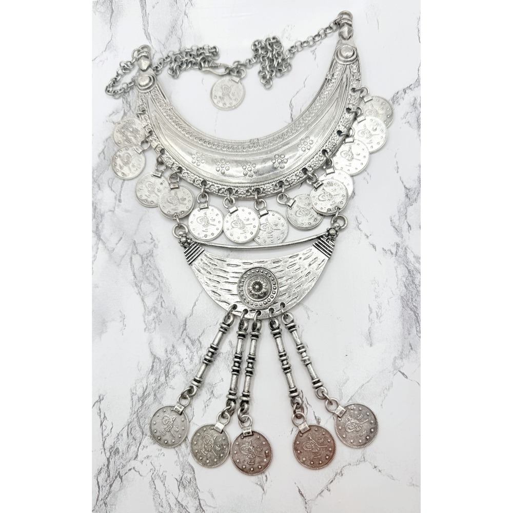 Tughra Coin Bib Necklace Silver Plated Zamak Berber Boho Statement 18"